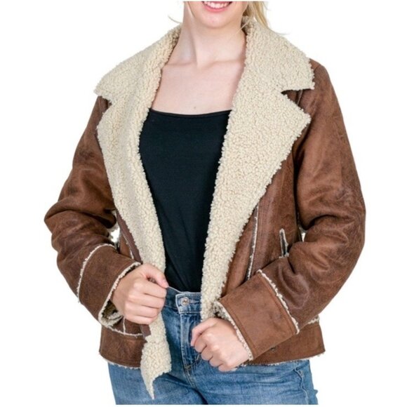Marrakech Marissa Sherpa Lined Brown Full Zip Boho Western Moto Jacket Size XL - Picture 5 of 8